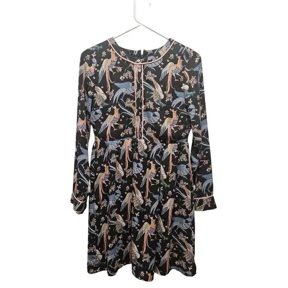LOFT Womens 0 2 Petite Peacock Snow Bird Print Long Sleeve Dress Crew Neck - Picture 1 of 9